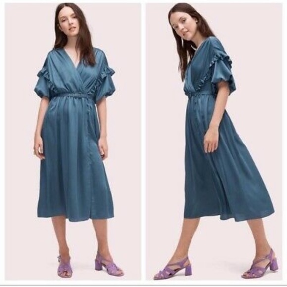 NWOT KATE SPADE NY Slate Blue Satin Midi Dress Size 6 - Picture 4 of 11